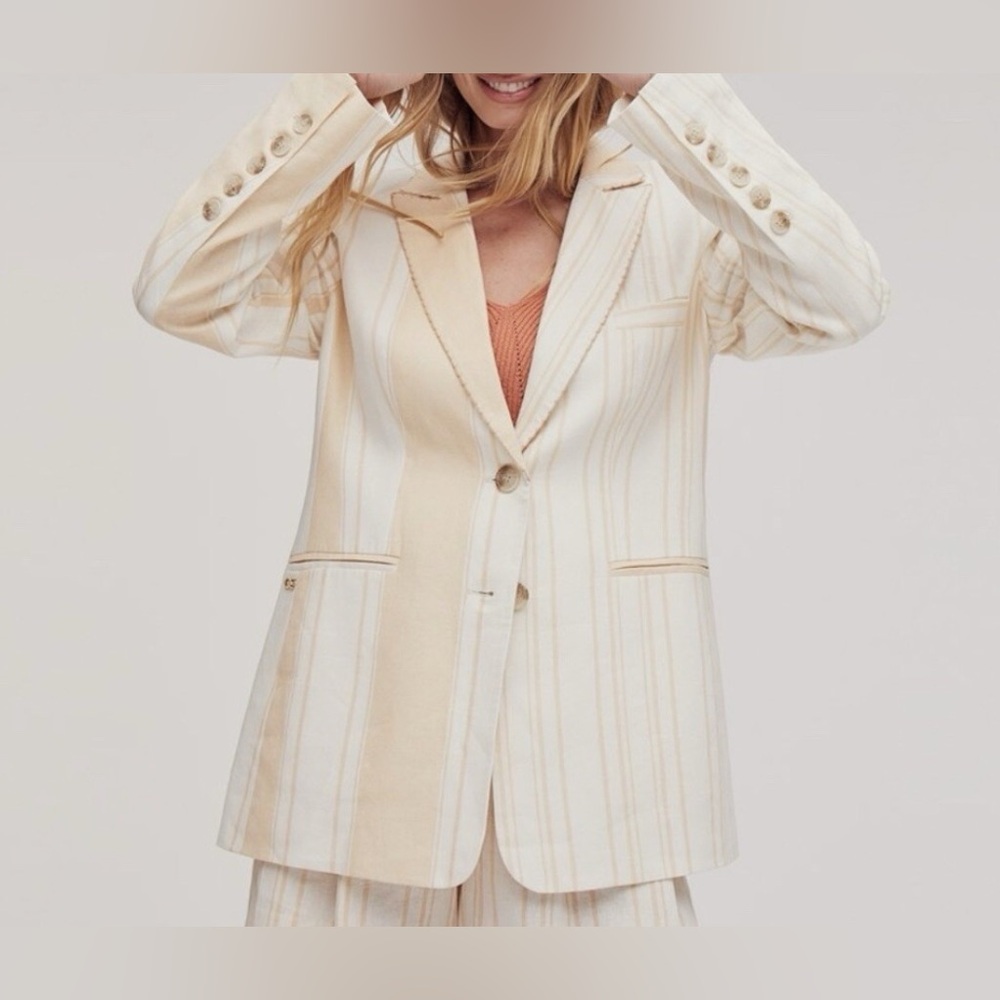 NWT Sam Edelman ENOLA Oversized Beige linen blend Striped Blazer